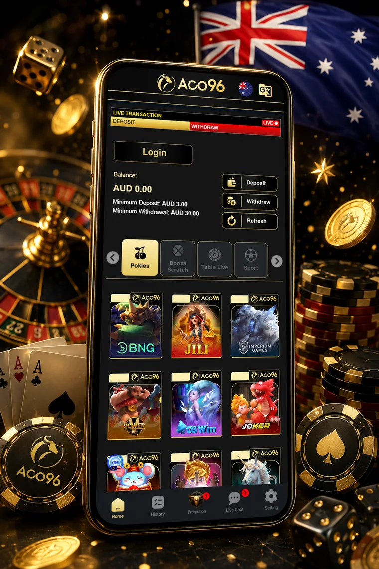 ACO96 casino running on a mobile phone: AUD balance, deposit and withdraw controls and the pokies lobby